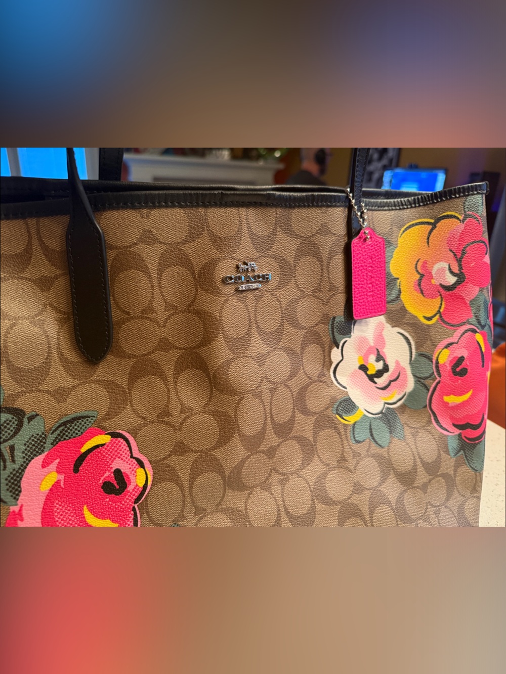 Coach Brown Logo Tote with Pink and Yellow Floral Print - Picture 3 of 7